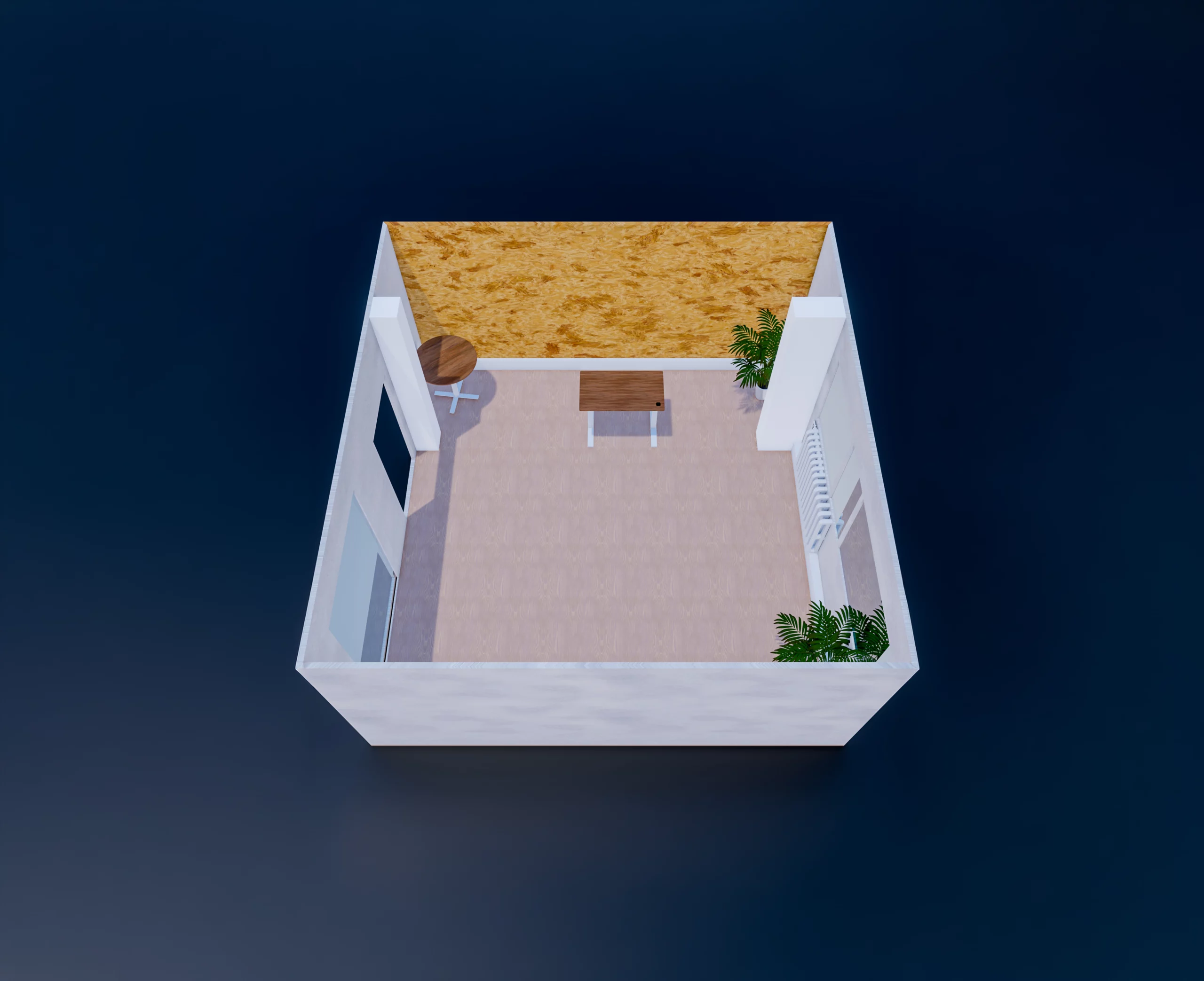 Conception 3D studio de tournage — plan lumières et cadrages