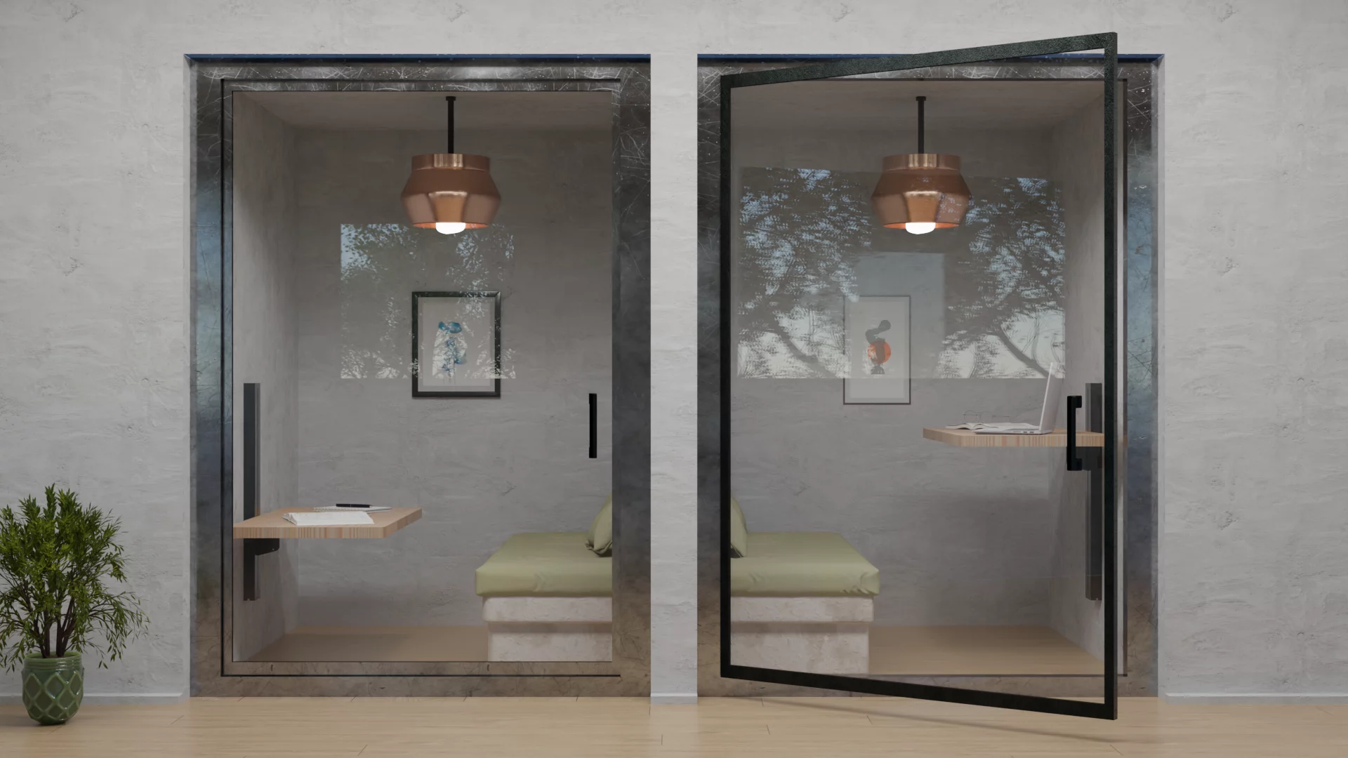 Phone booth acoustique modélisé en 3D sur Blender — campagne bureau ergonomique, Studio Nyamh