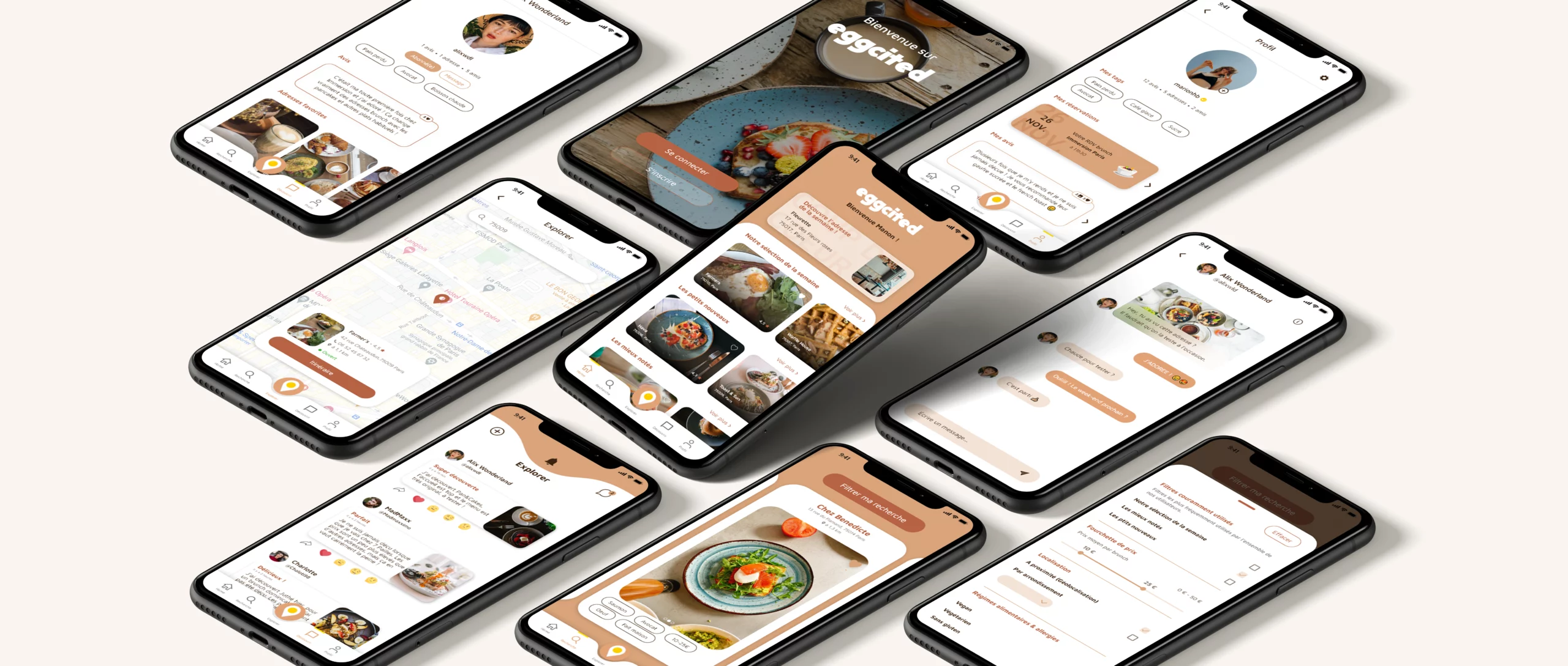 Écrans haute fidélité Eggcited — interface application brunch iOS, Studio Nyamh