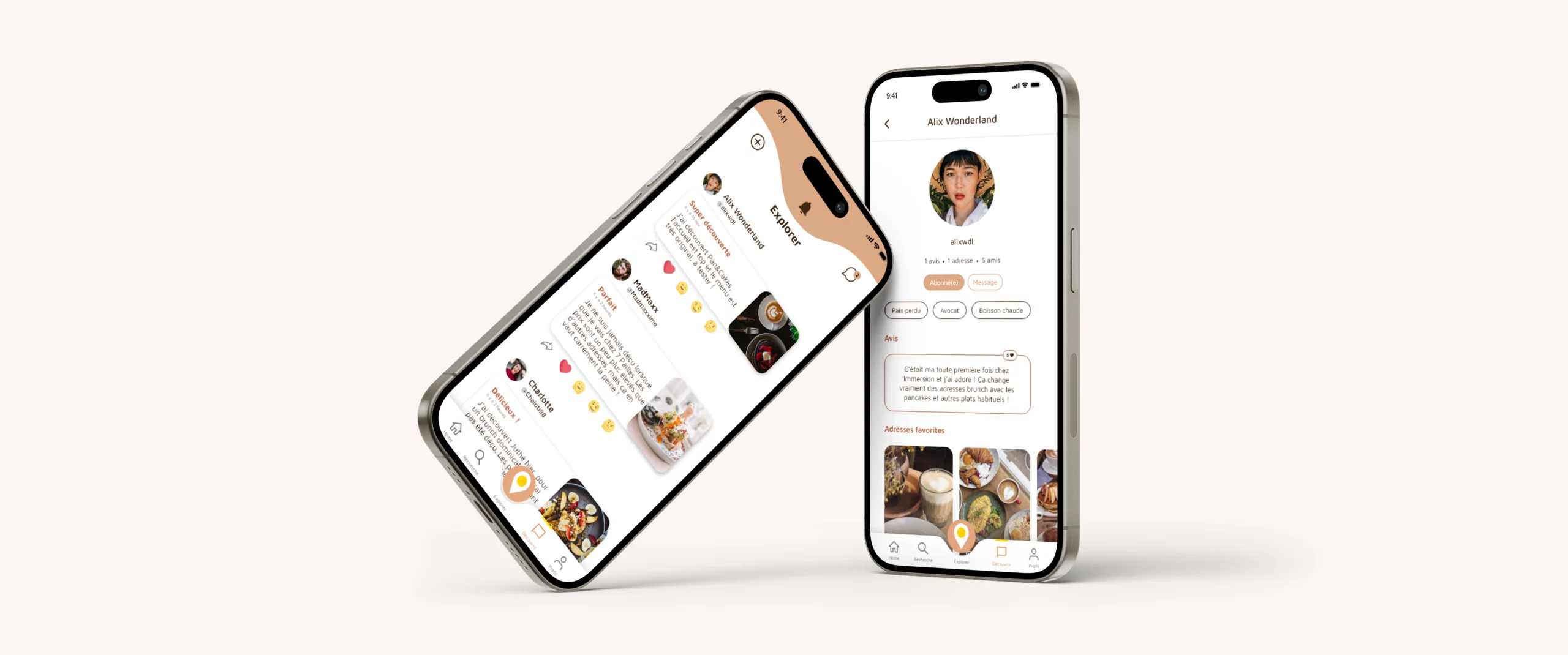 Écrans haute fidélité Eggcited — interface, application mobile brunch iOS, Studio Nyamh