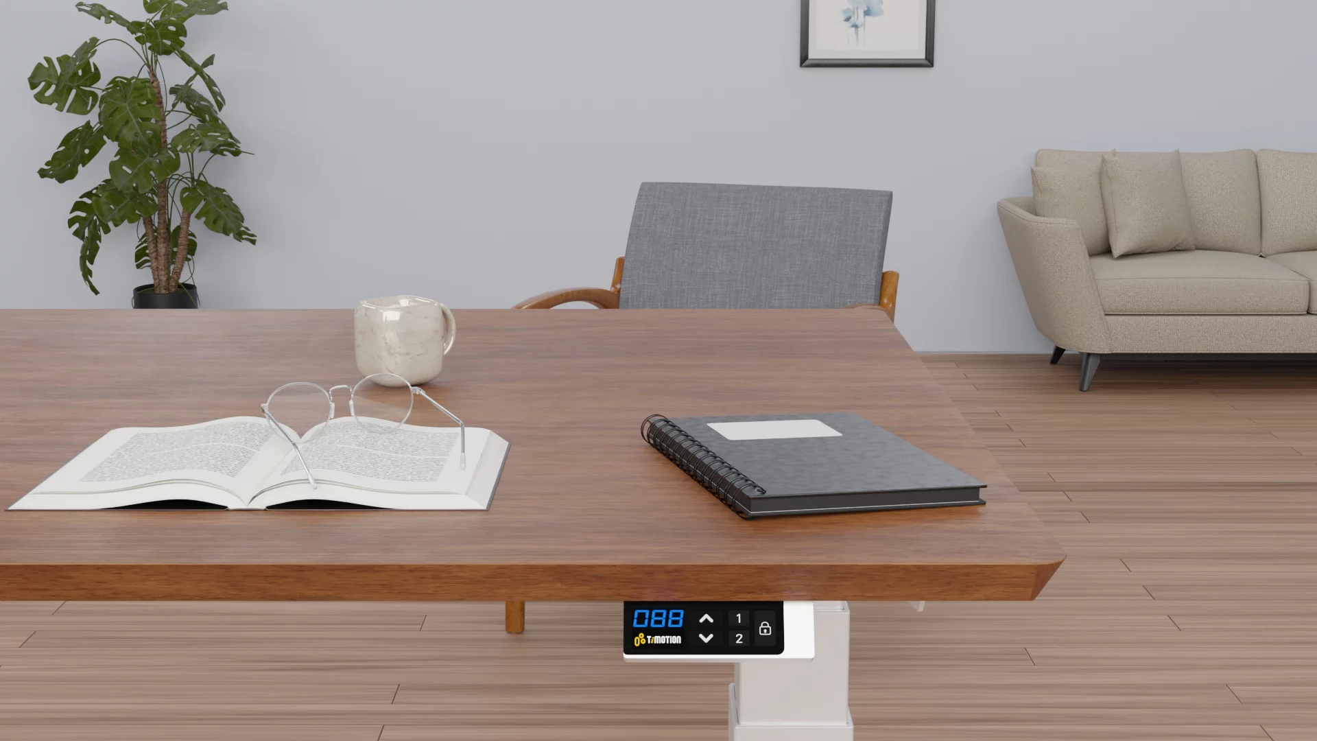 Plan vidéo — vue d'ensemble bureau assis-debout 3D Blender, Studio Nyamh